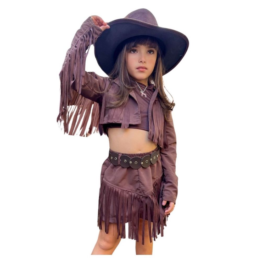 Conjunto Boiadeira Marrom com Franjas e Short  inspirado Ana Castela com Elastico na Cintura Meninas