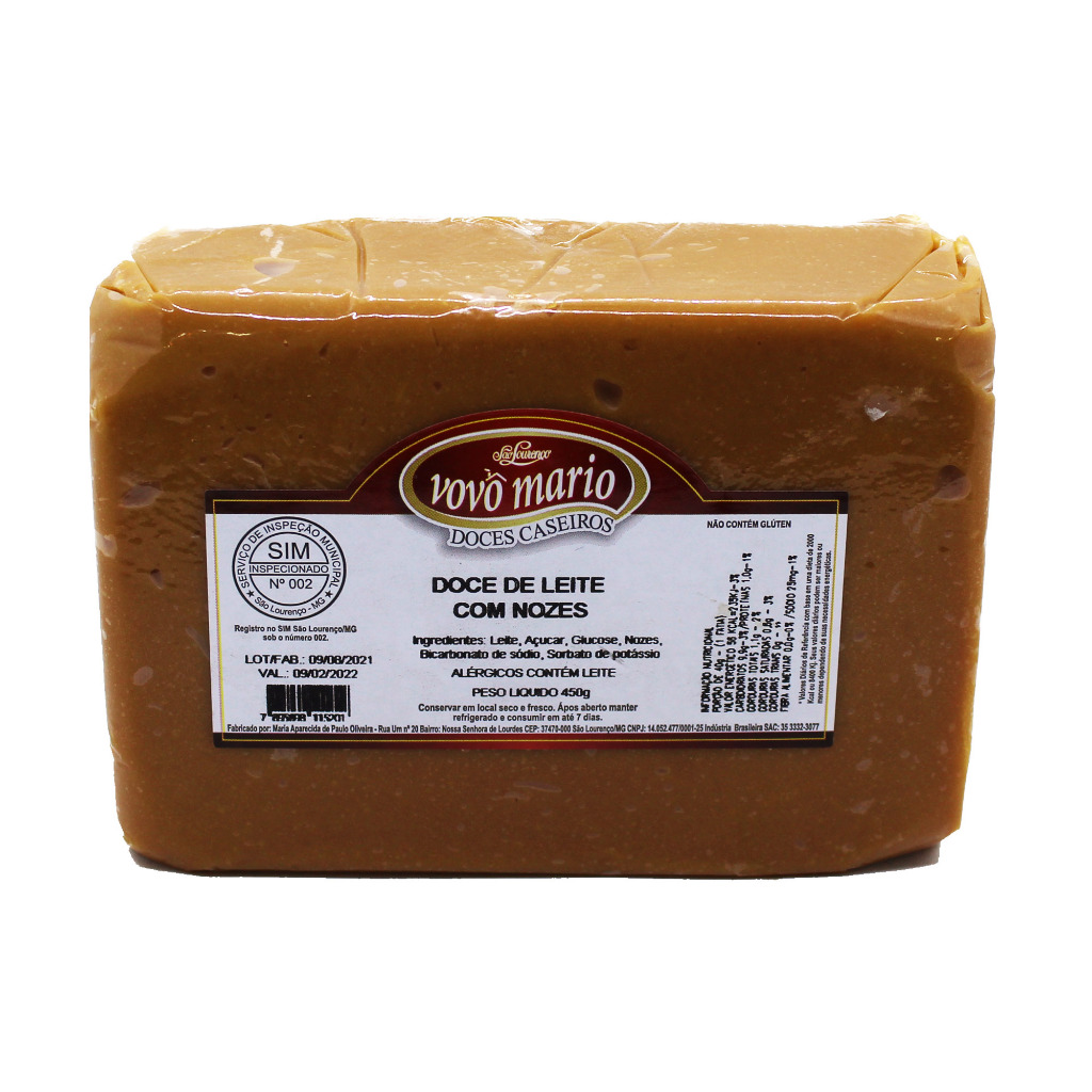 Doce de Leite com Nozes em Tablete com Açúcar 450g Doce Vovô Mário de São Lourenço MG
