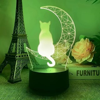 Luminária Gatinha LED 3D/ Presente para crianças / Decoração - Gato na meia lua, animais, pets