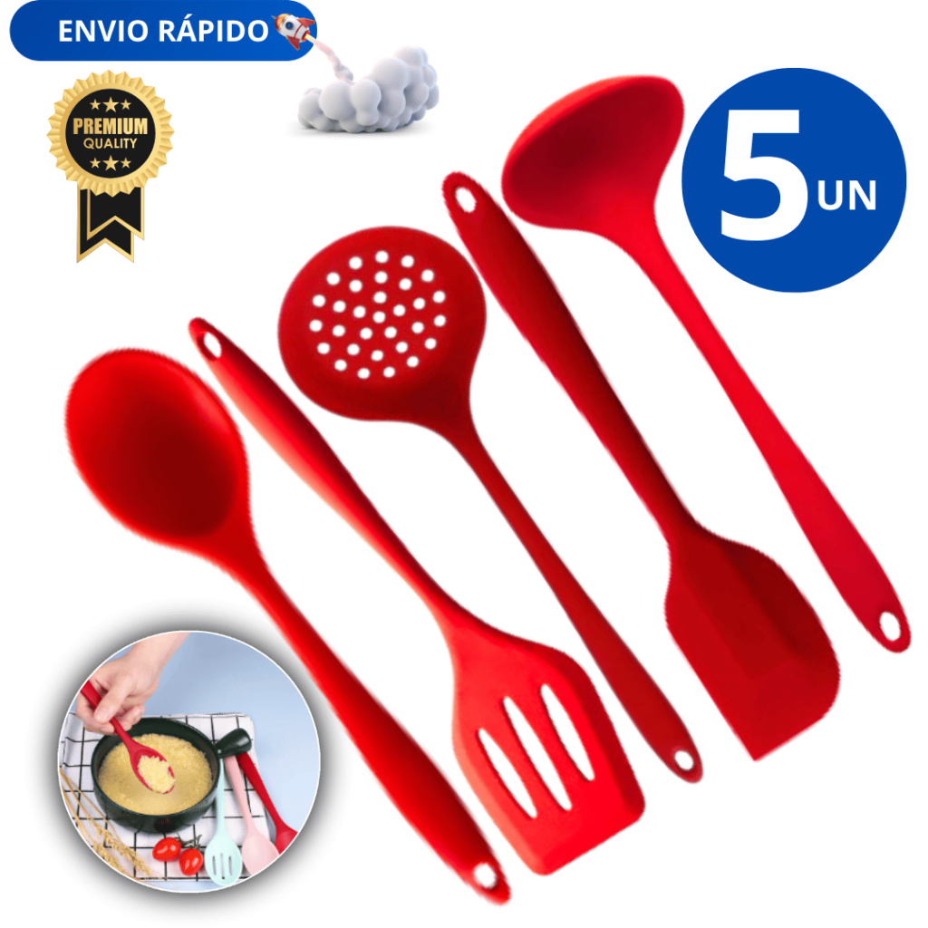 Jogo Kit 5 - Espátula Reta Espátula Vazada Concha Escumadeira Colher para Cozinha Restaurante Lanchonete Linha Premium