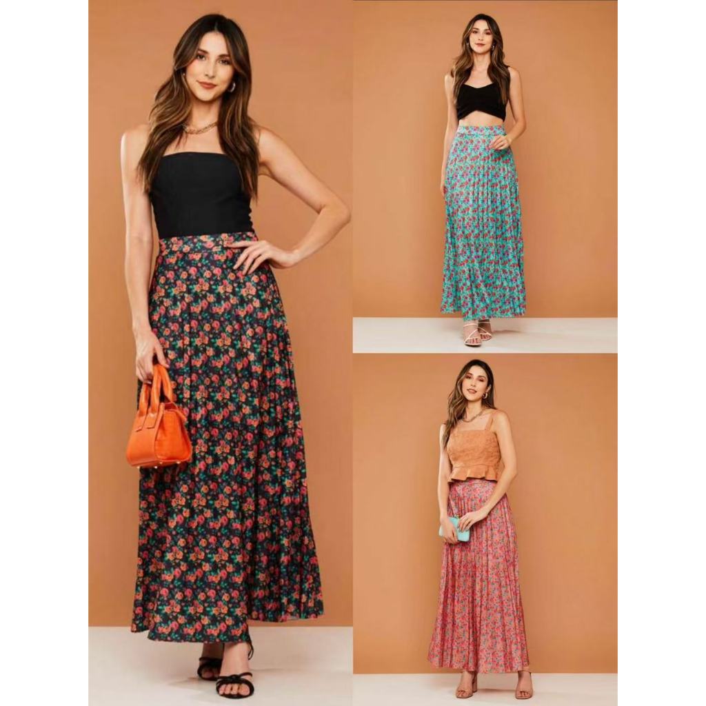 Saia Plissada Longa Evangélica Elegante Cintura Alta Flor-031 em Oferta na Shopee