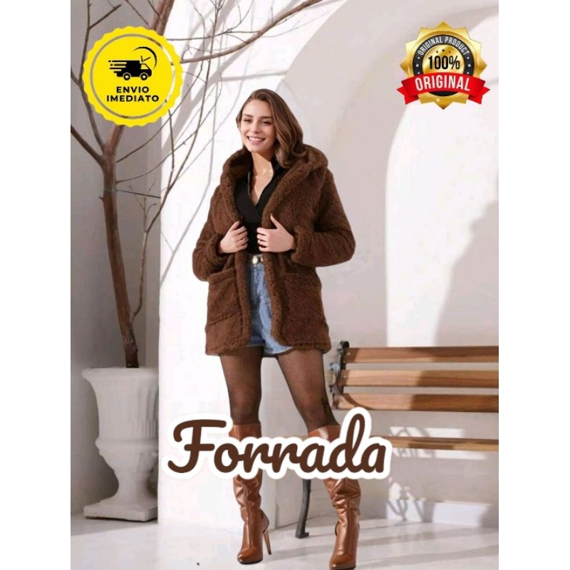 CASACO SOBRETUDO FEMENINO FORRADO COM BOLSO E CAPUZ TEDDY/SHERPA TENDÊNCIA BLUSA DE FRIO QUENTINHA PRO FRIO DO INVERNO