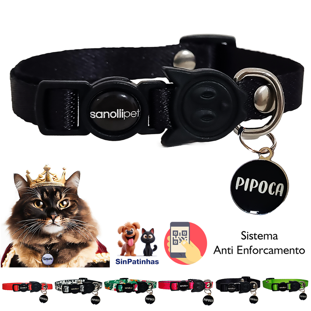 Kit Coleira Para Gato Mais Plaquinha Com Nome E Telefone Preto Qr Code Com Sistema Anti En...