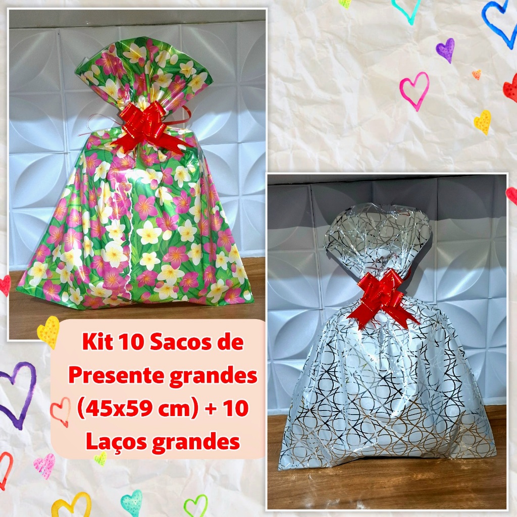 10 Sacos de presente Tamanho grande 45x59 + 10 laços fácil em Oferta na Shopee