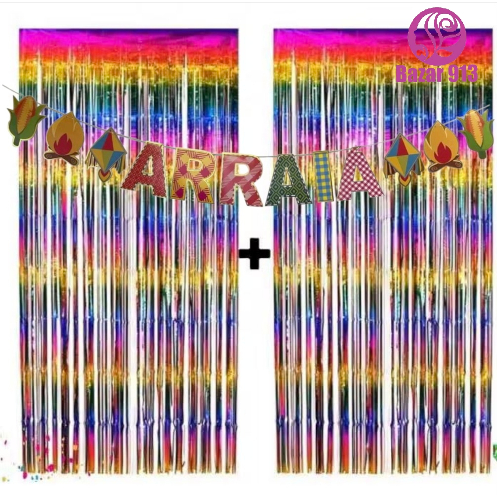 1 Faixa Letras ARRAIA + 2 Cortinas 2mx1m Colorida Para Festa Junina Decoração