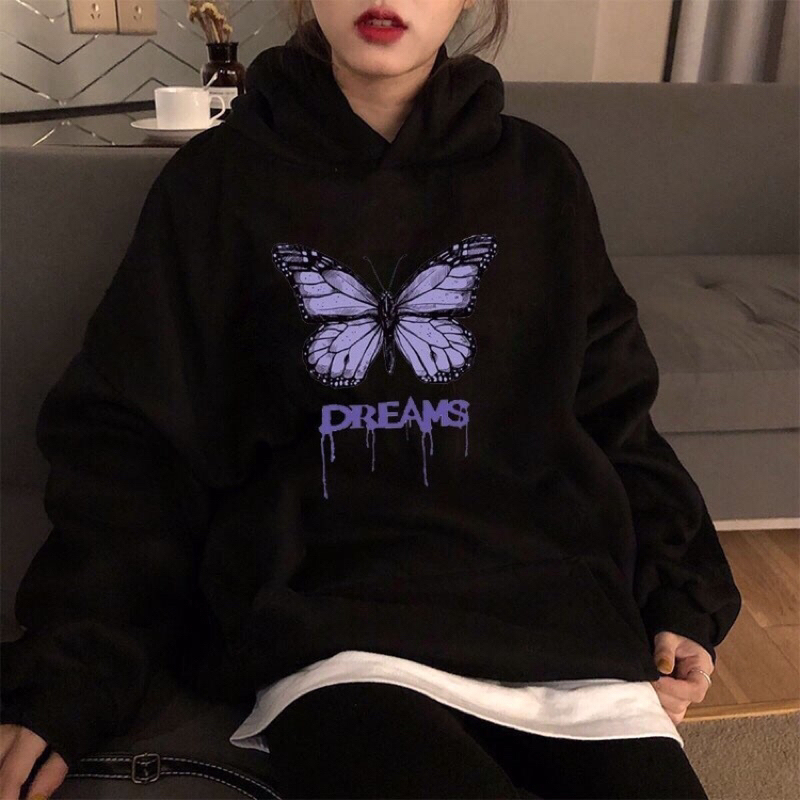 Blusa de frio de Moletom  com capuz e bolso canguru unissex para homens e mulheres adolescentes estampa borboleta roxa