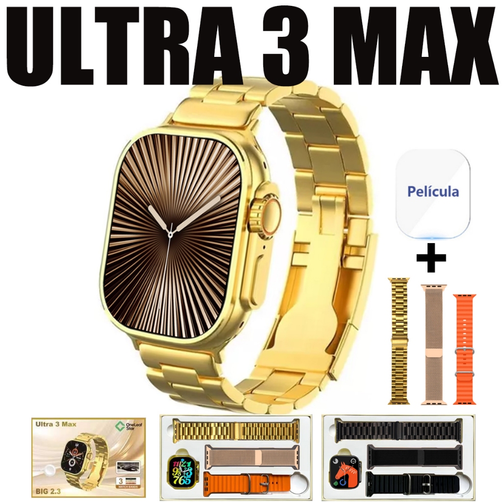 Smartwatch Ultra 3 MAX Gold Relógio Inteligente Sem Fio Smartwatch Bluetooth Call Homens Mulheres Esporte Série