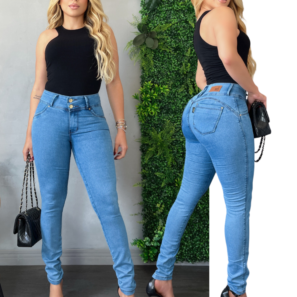 Calça Jeans Feminina Cintura Alta Com Lycra Elastano Premium 2 Botoes Cos Duplo Skinny Efeito Empina Bumbum Clara Delave