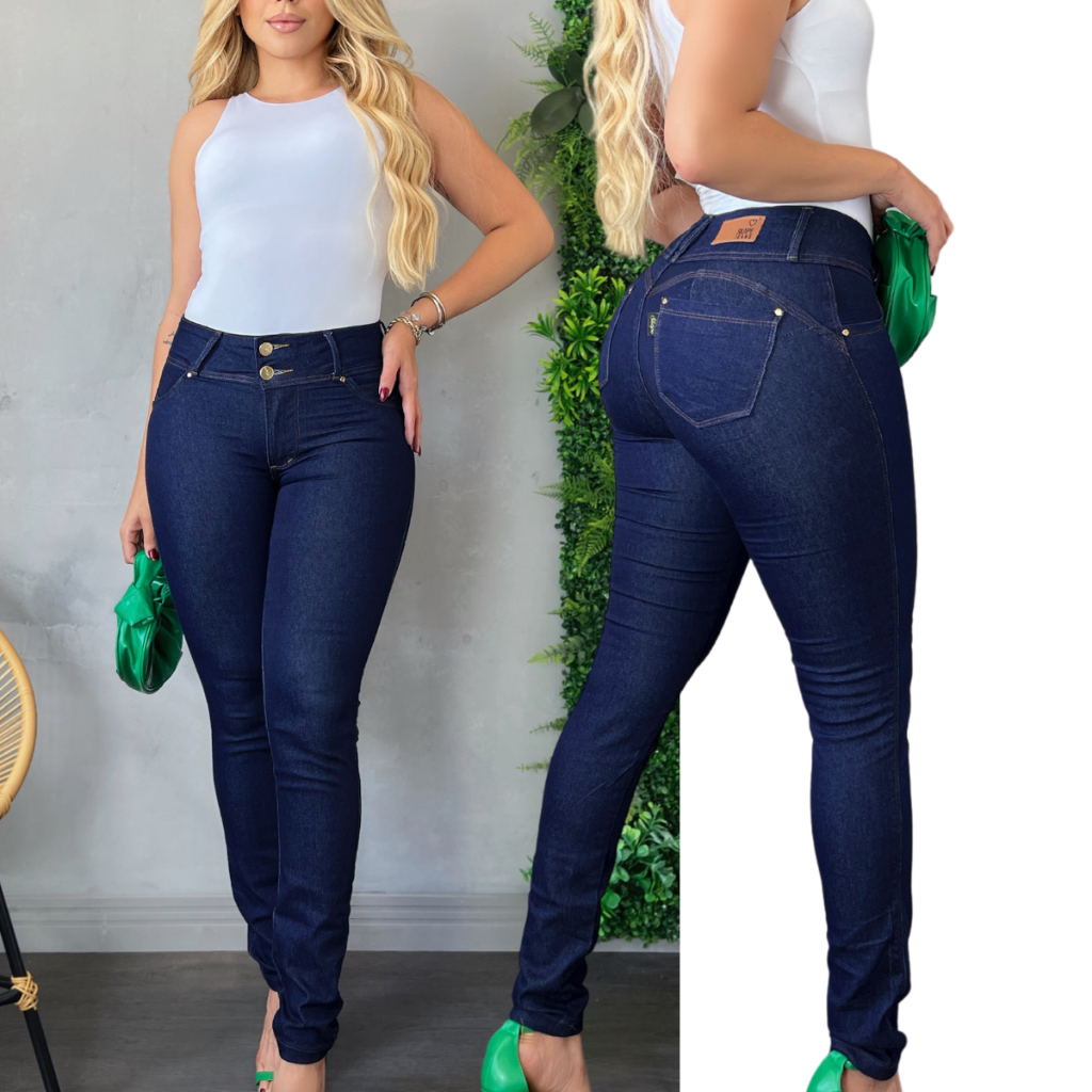 Calça Jeans Skinny Feminina Cós Duplo 2 Botões Com Lycra Elastano Premium Modelagem Levanta bumbum Na Cor Amaciada