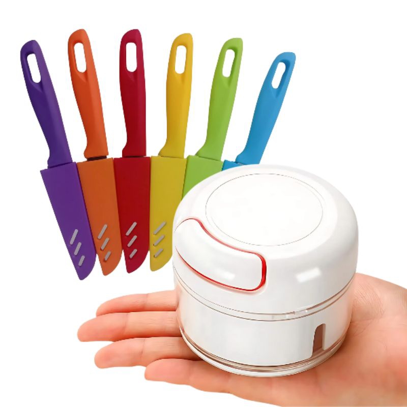 Kit de Facas Coloridas Churrasco Pescaria Cozinha Aço 6 und + Mini Processador Manual de Alimentos Triturador Alho 170m