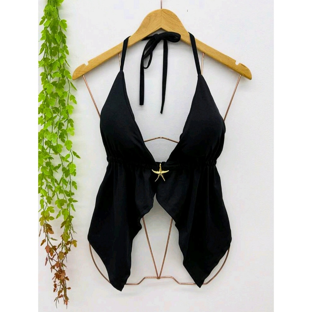 top cropped bata Malibu Babado com bojo tendencia com estrela