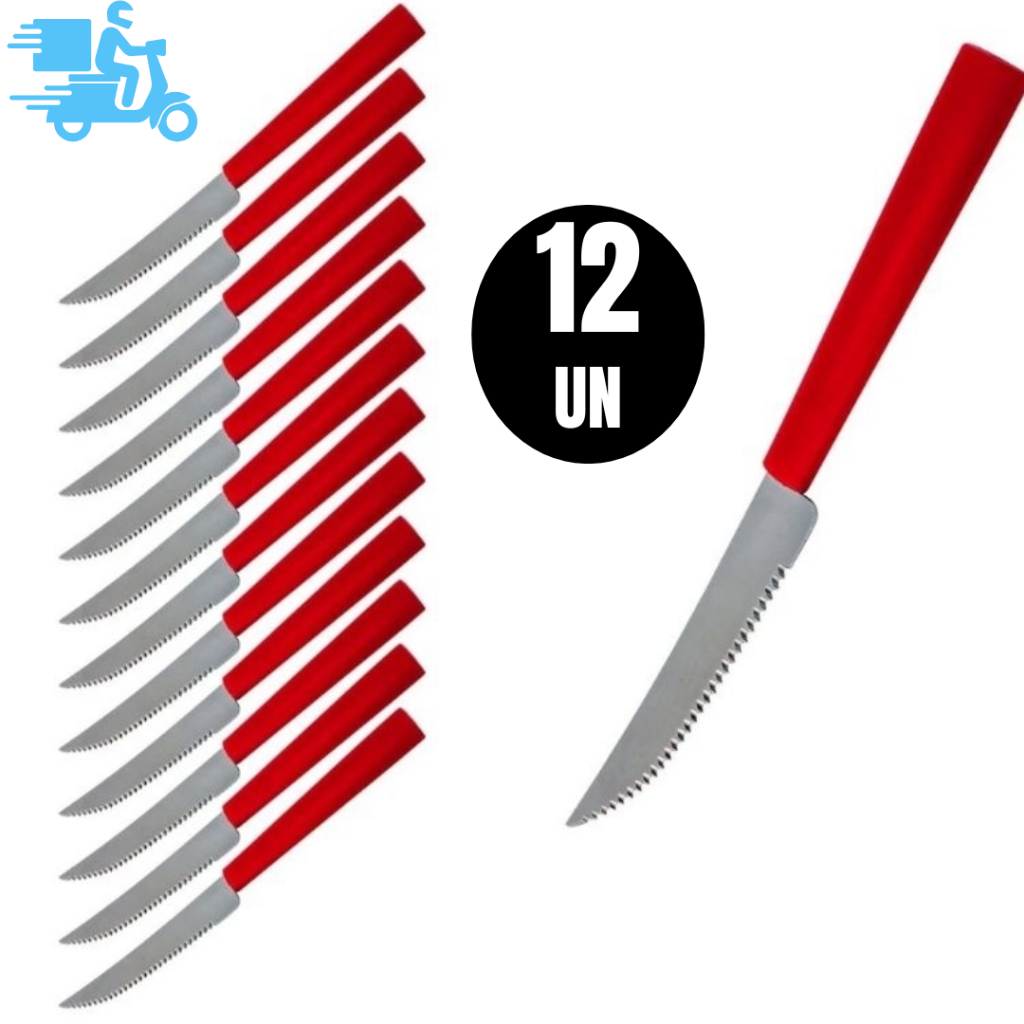 Conj com 12 Faca de Mesa, Churrasco Talher de Aço Inox 22cm com Cabo Colorido Vermelho . em Oferta na Shopee