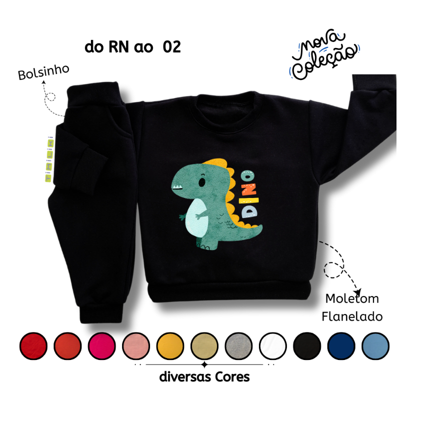 Conjunto de Moletom Infantil Flanelado de Frio Unissex  Roupa de Inverno para Bebê Dino Rn ao 02