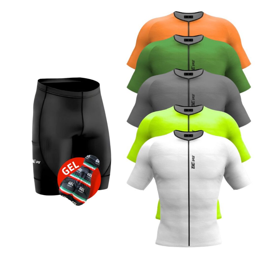 Conjunto Bermuda Ciclismo Camisa Ciclista Premium Ziper Full Masculino Forro Gel Proteção UV+