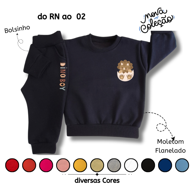Conjunto de Moletom Infantil Flanelado de Frio Unissex  Roupa de Inverno para Bebê DinoBoy Rn ao 02