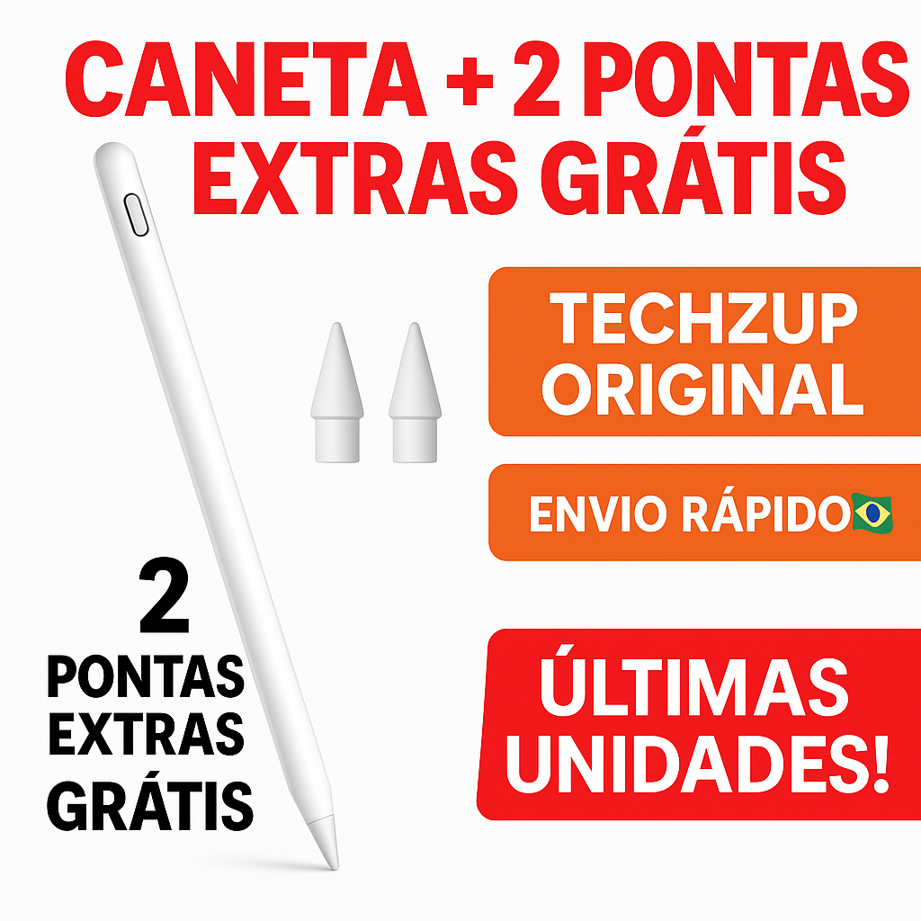Caneta Stylus Touch + 2 Pontas Grátis – Para Tablet e Celular | TechZup Oficial