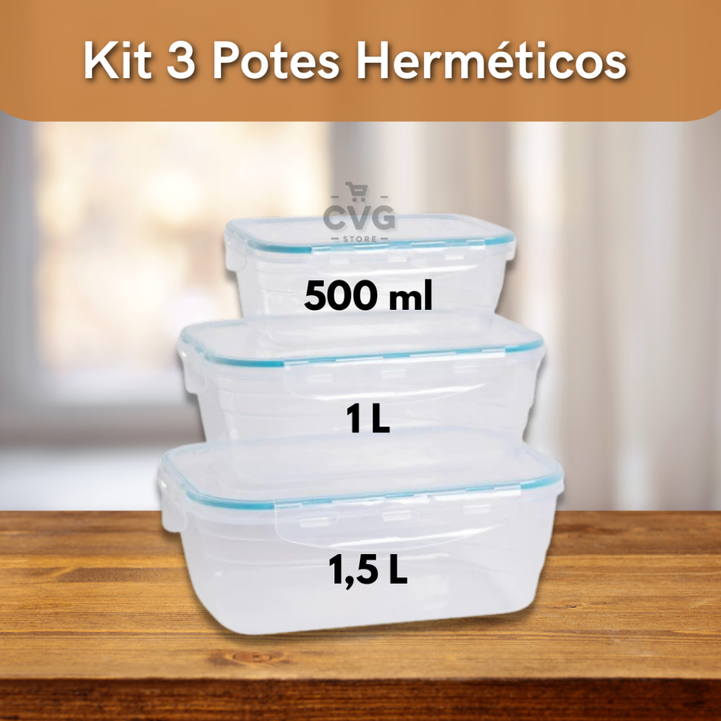 Conjunto 3 Marmitas para Freezer e Micro-ondas Potes  Plástico Trava e Alta Vedação 500 ML/1L/1,5L em Oferta na Shopee