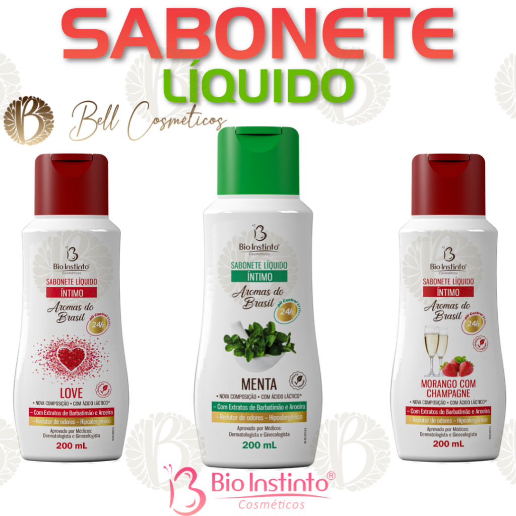 Kit 3 Sabonetes Íntimos LOVE + MENTA + MORANGO COM CHAMPAGNE 200ml - Bio Instinto