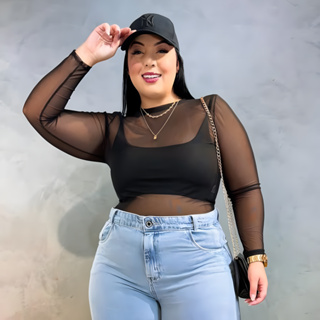 Body Manga Longa De Tule Plus Size Transparente Blusa Moda Festa Balada em Oferta na Shopee