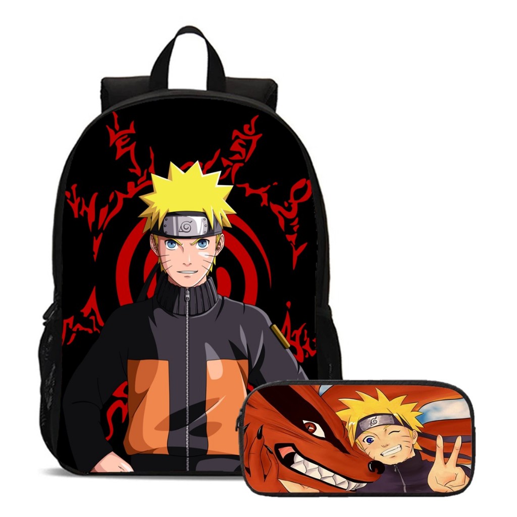 Kit Escolar Mochila Com Lancheira e Estojo Estampa Anime Naruto Uzumaki Selo da Raposa