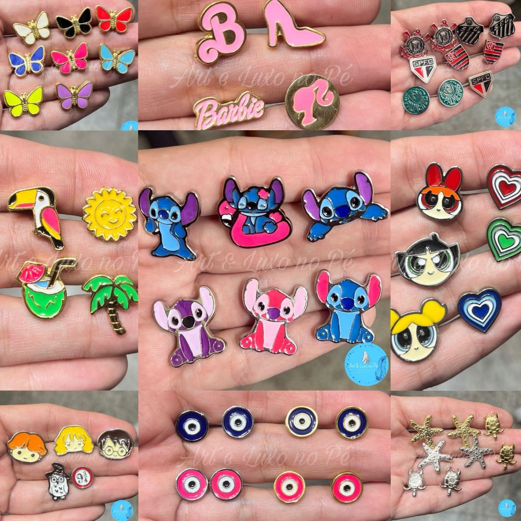 Kits 3 Pares Piercing Para Chinelos Variados Temas Personagens / Pin de Metal Sticth/Praia/Minnies em Oferta na Shopee