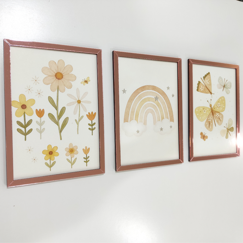 Kit 3 Quadros Infantil Floral Borboleta e Arco-Íris - Moldura Rose Espelhada Quarto Bebê M...