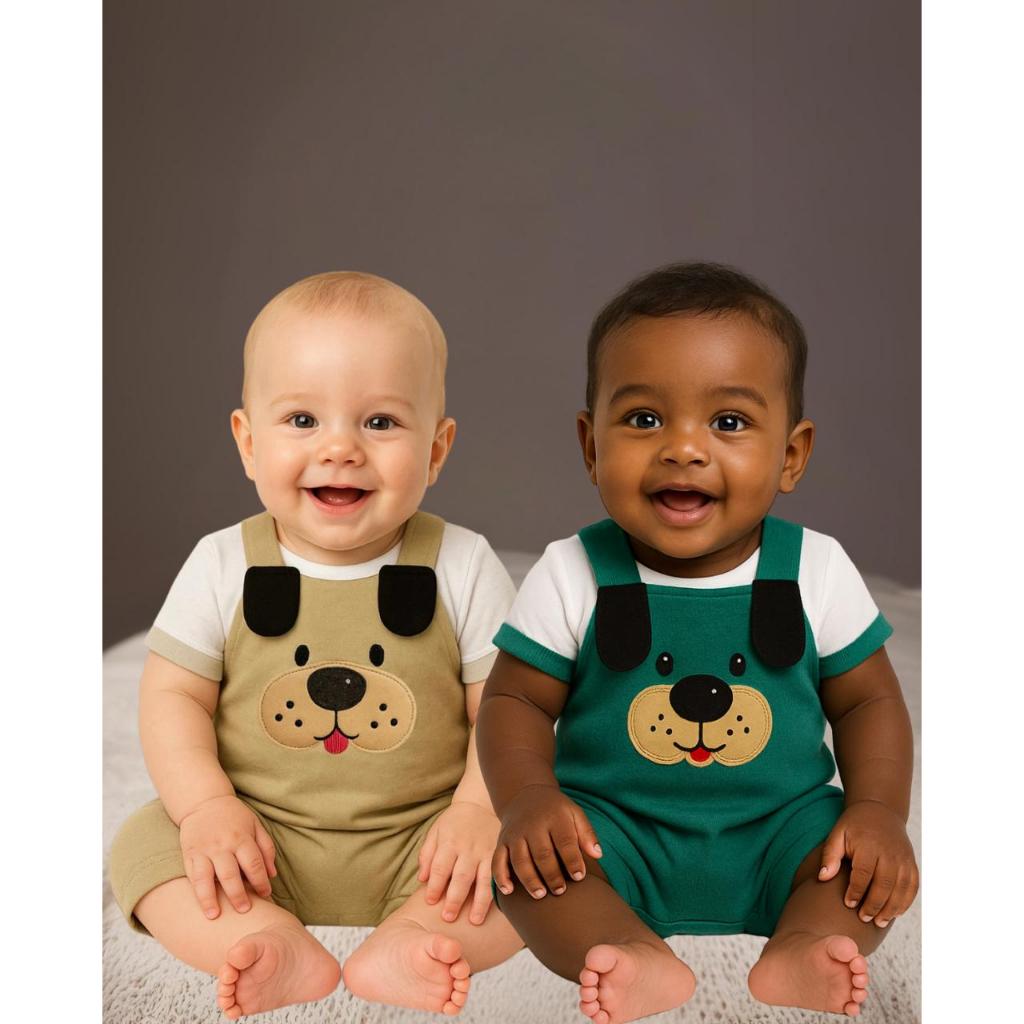 kit 2 conjuntos de macacão jardineira de bebê bordado cachorrinho jardineira de menino