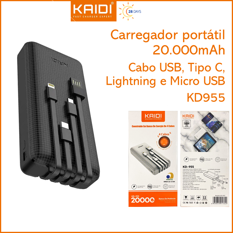 Bateria Portátil Power Bank com 4 saída cabo embutido 20.000mAh KAIDI KD-955