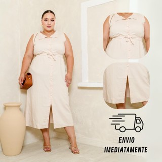 Vestido Longo Feminino Plus Size Alfaiataria Marrant com Fenda e Gola Botoes e Cinto Elega...