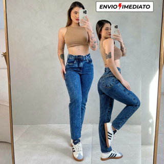 Calça Feminina MOM Jeans 100% Algodão Cintura Alta em Oferta na Shopee