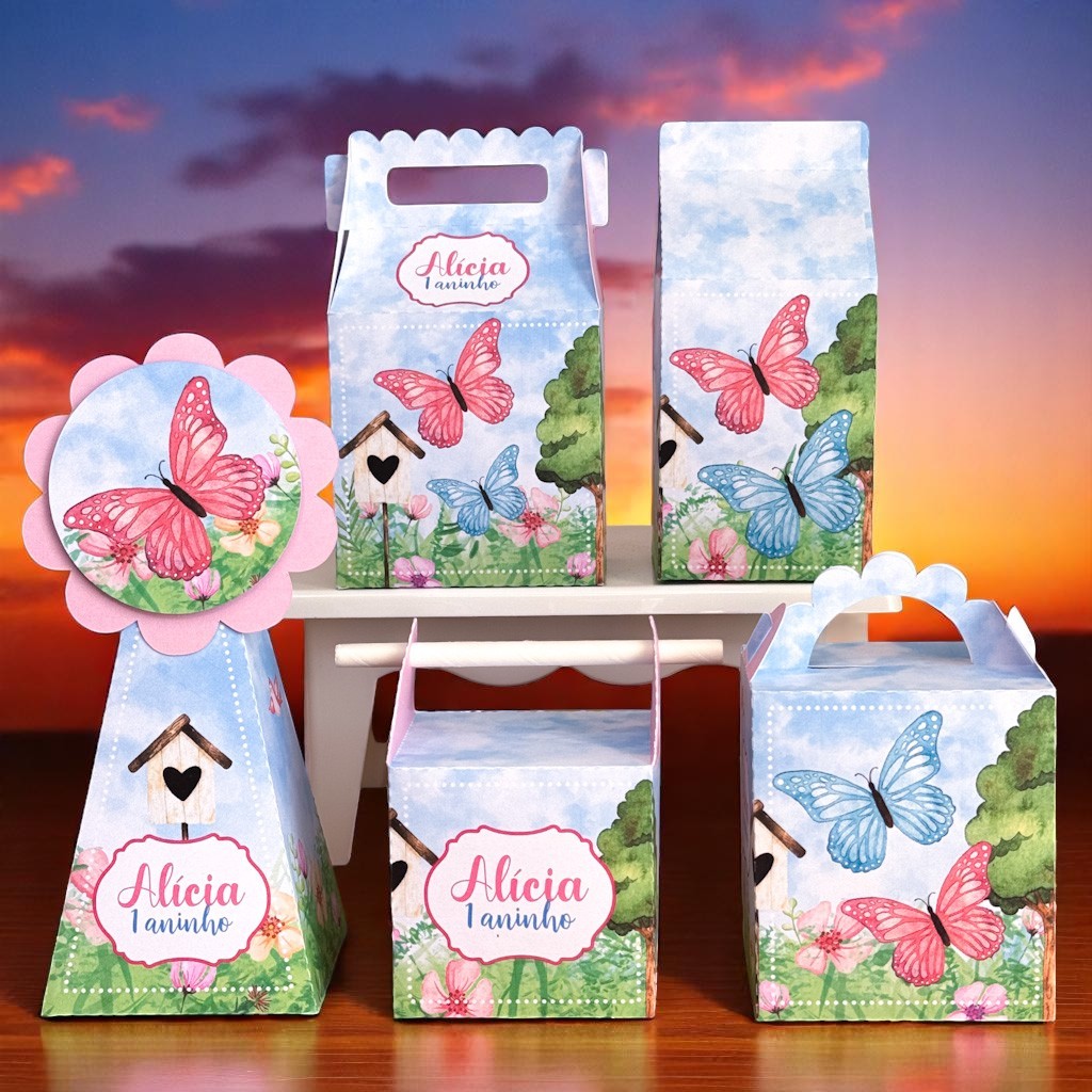 KIT FESTA JARDIM BORBOLETAS  Personalizado  pegue e Monte Lembrancinhas - Aniversário - Caixinha Personalizadas