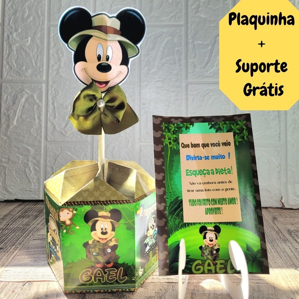 Mickey Safari Centro de Mesa +Plaquinha Grátis Cachepô Disney, Enfeite Personalizado Arranjo p/Festa Aniversário