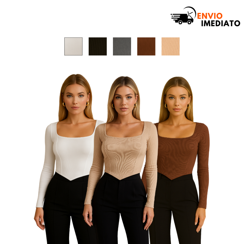 Blusa Cropped Manga Longa Comprida Com Bojo Cropped Feminino Canelado Decote U  Dia das Mães