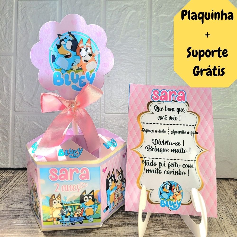 Centro de Mesa Bluei e Bingo  Rosa + Plaquinha Cachepô Personalizado Enfeite  Menina Arranjo/Festa Infantil Aniversário
