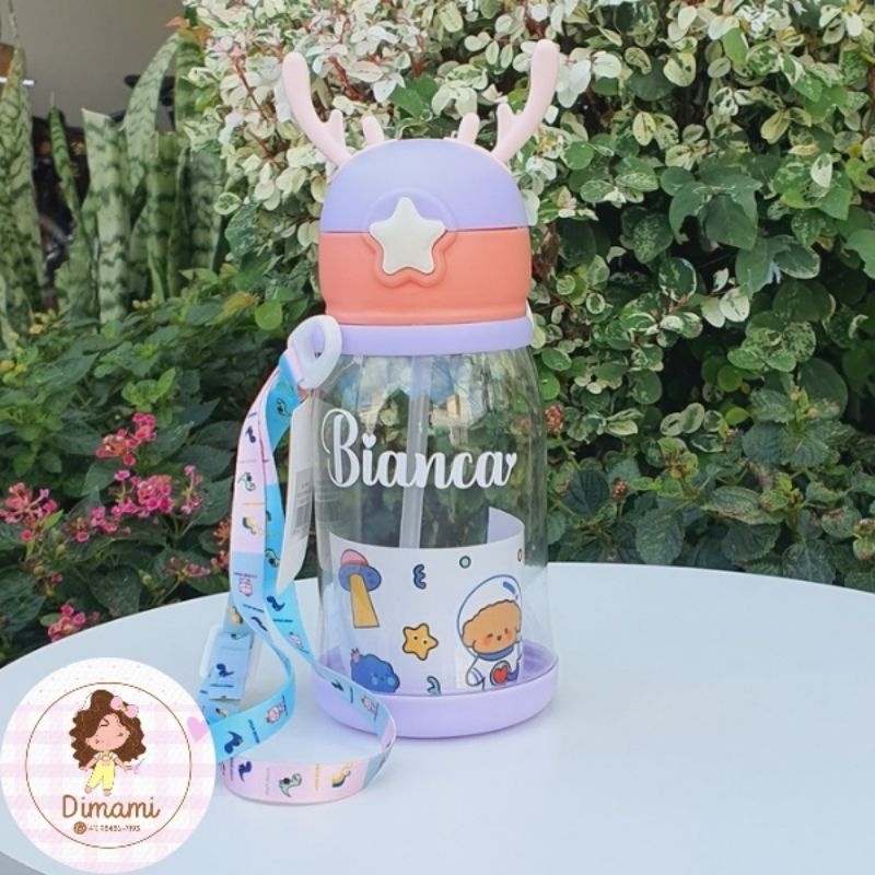 Squeeze Infantil 600ml Personalizado com Nome em Vinil | Garrafinha com Alça Ajustável Canudo Silicone e Antivazamento