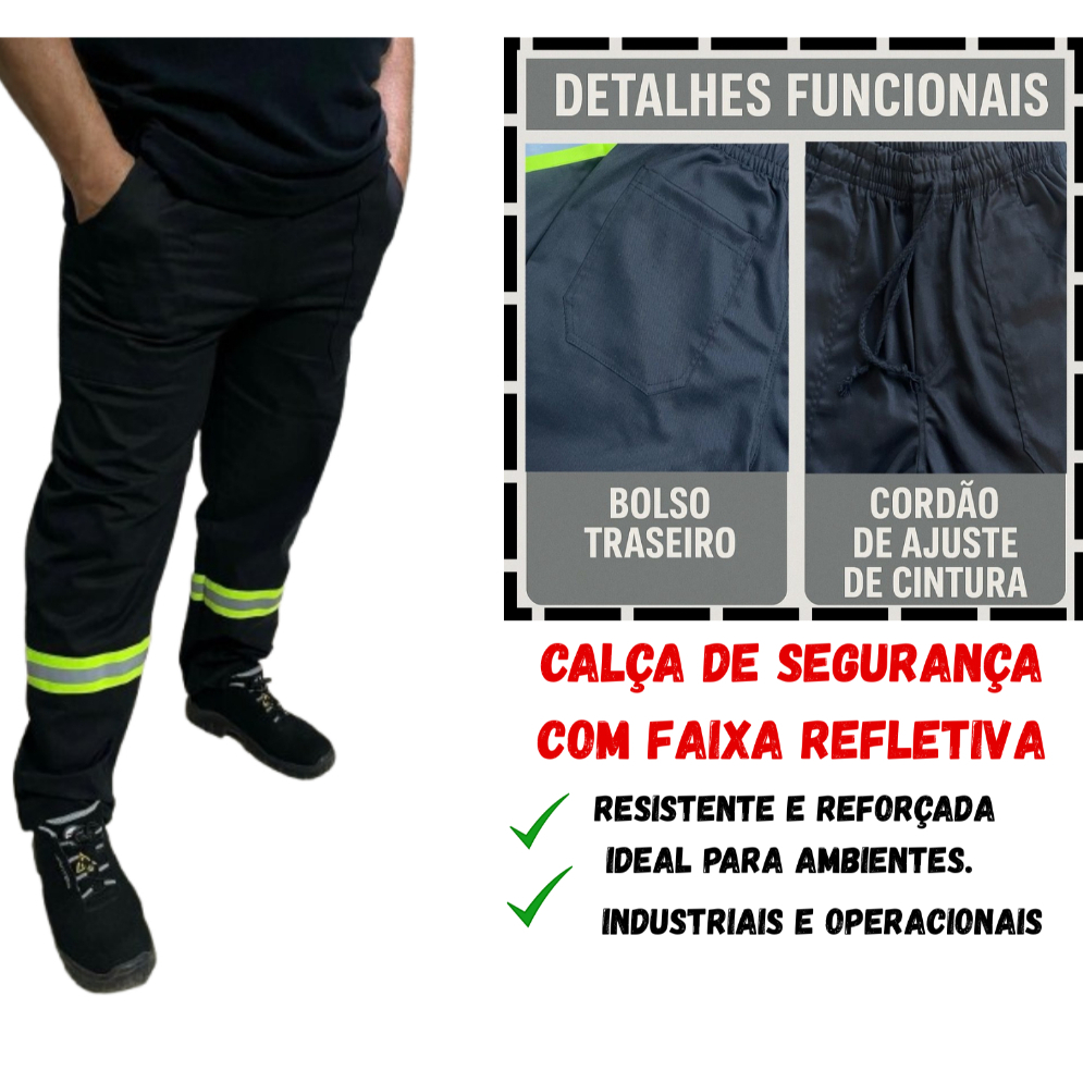 Calça REFORÇADA de Brim Preta Pesado com Faixa Refletivo Uniforme Profissional de Trabalho