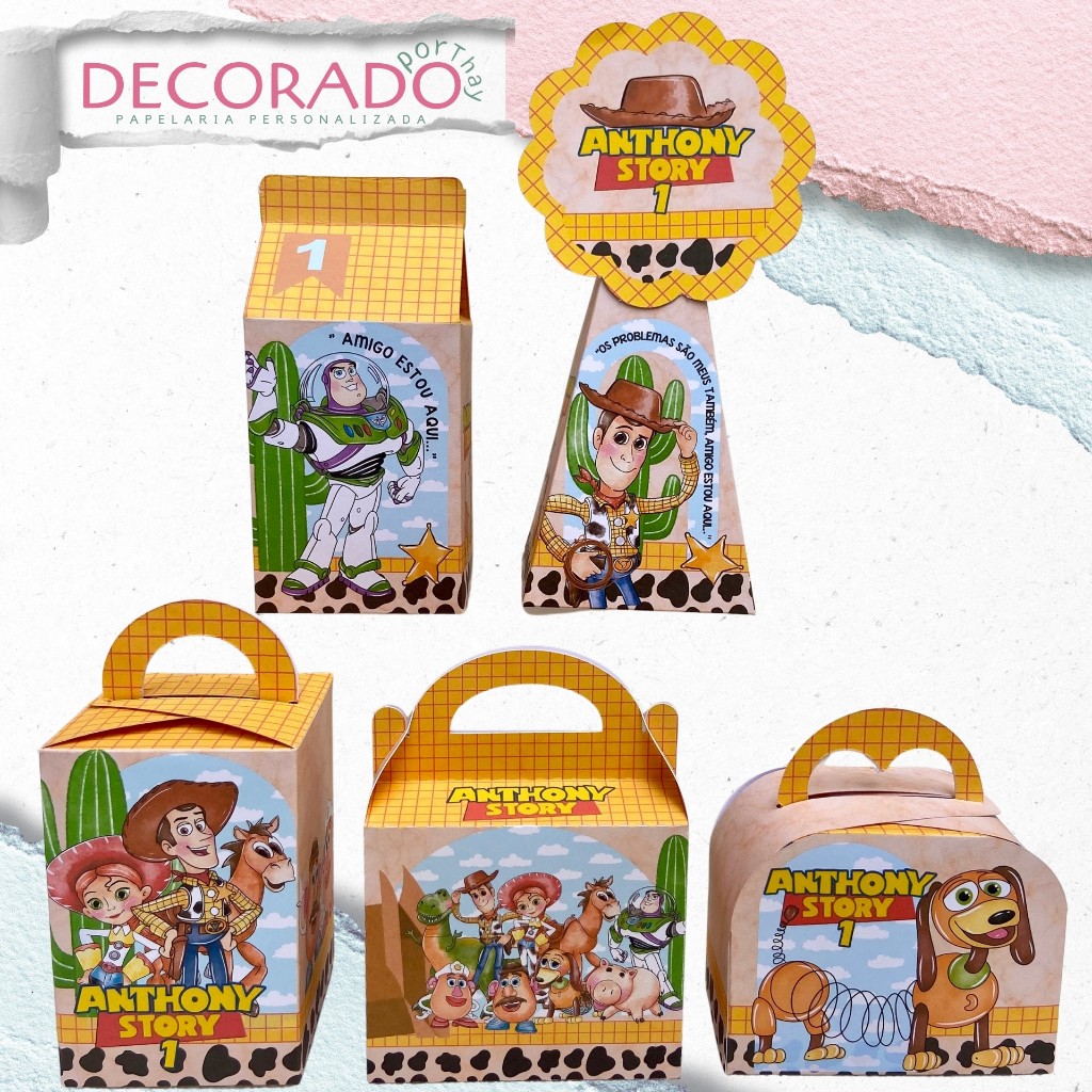 Kit caixas personalizadas tema toy story pegue e monte Decoração Lembrancinhas do tema Toy story aquarela tons claros
