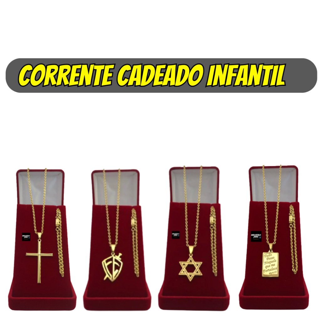 Corrente Menino Infantil Modelo Cadeado 2mm Banhado Ouro 18 k Kit Corrente + Pulseira  + Pingente