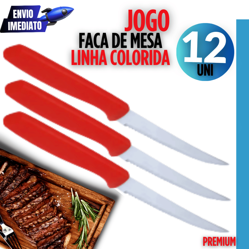 Kit 12 Facas Faca de Mesa Churrasco Cozinha Talher de Aço Inox 22cm com Cabo Vermelha Linha Premium Faca