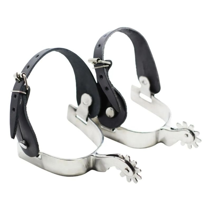 Par de Espora Quarto De Milha Aço Inox Profissional Doma e Treino + Par Correia Couro Legítimo