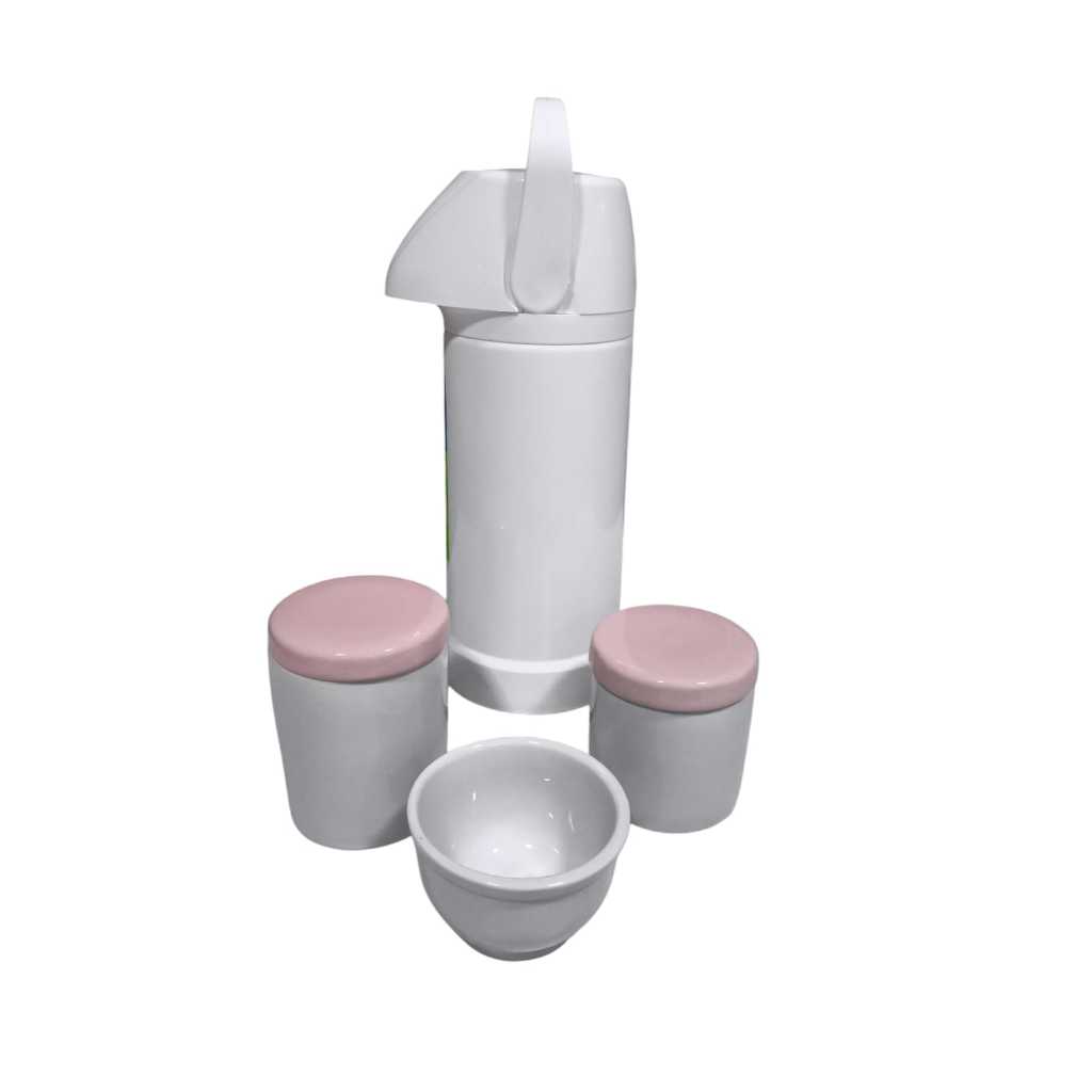 Kit Higiene bebê porcelana garrafa térmica 1 litro potes porta algodão cotonete tampa rosa molhadeira menina maternidade