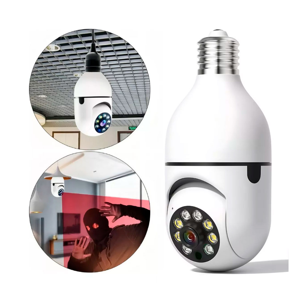Câmera Lâmpada Inteligente Wi-Fi – Gira 360°, Notifica Movimento e Grava