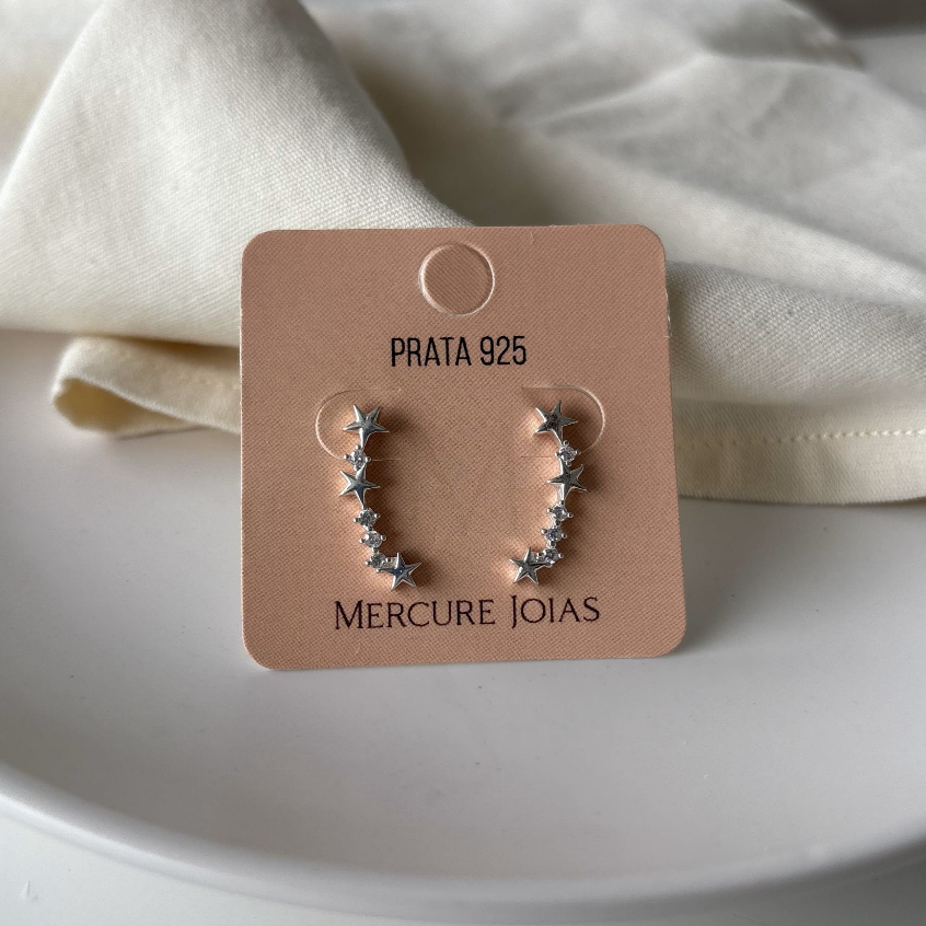 Brinco Feminino Ear Cuff Estrelas Zircônias Brancas Prata 925 - Prata de Lei Maciça Orelha Moderno Minimalista
