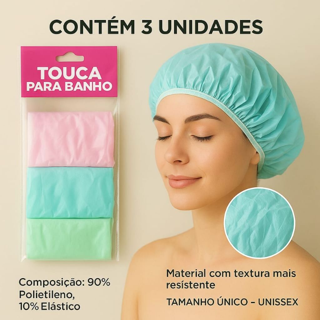 Kit 3 Touca de Banho Plástica Impermeavel– Polietileno com Elástico, Tamanho Único, Impermeável Unissex