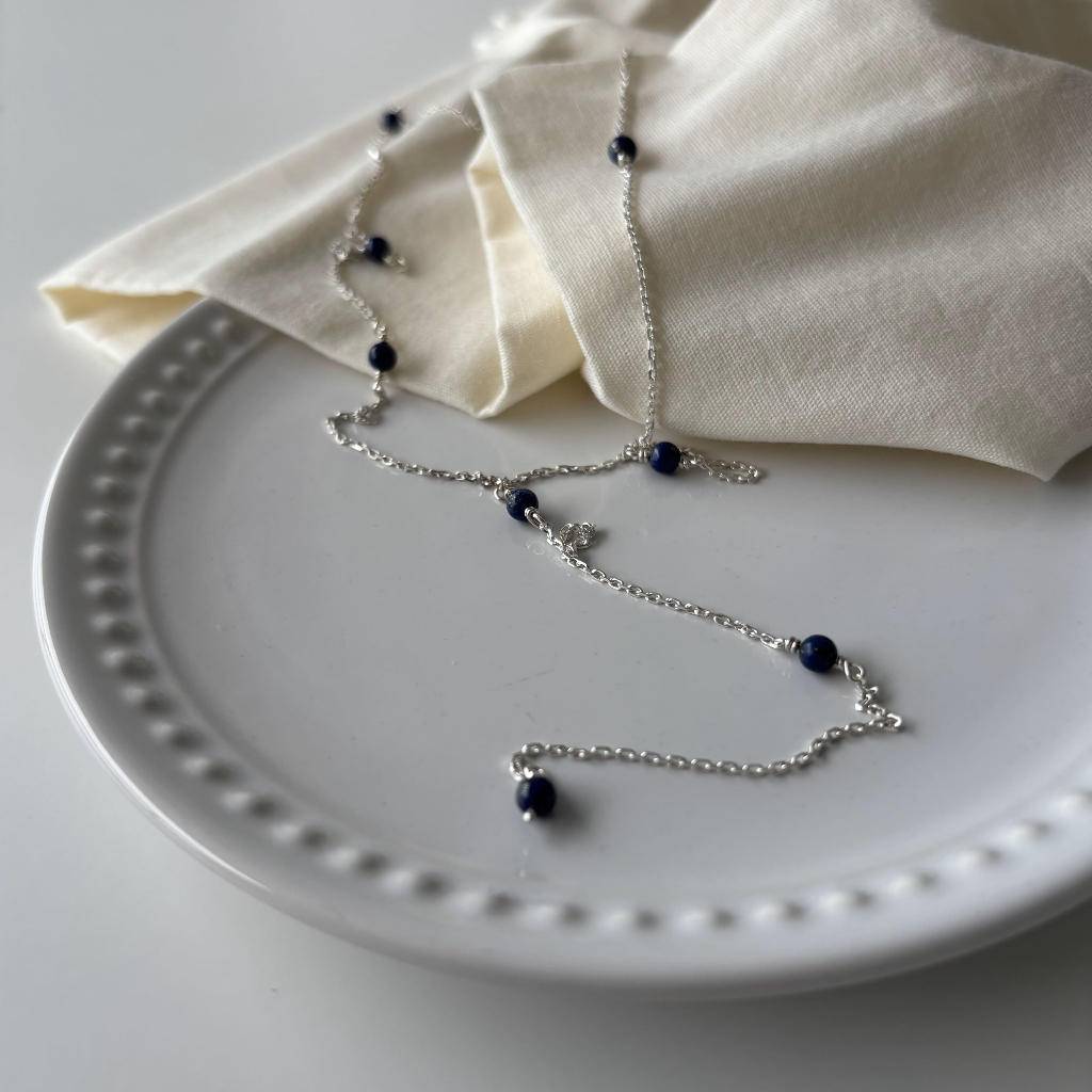 Colar Gravata Pedras Naturais Lápis Lazuli Prata 925 Lei - Prata de Lei Maciça Delicado Minimalista Comprido