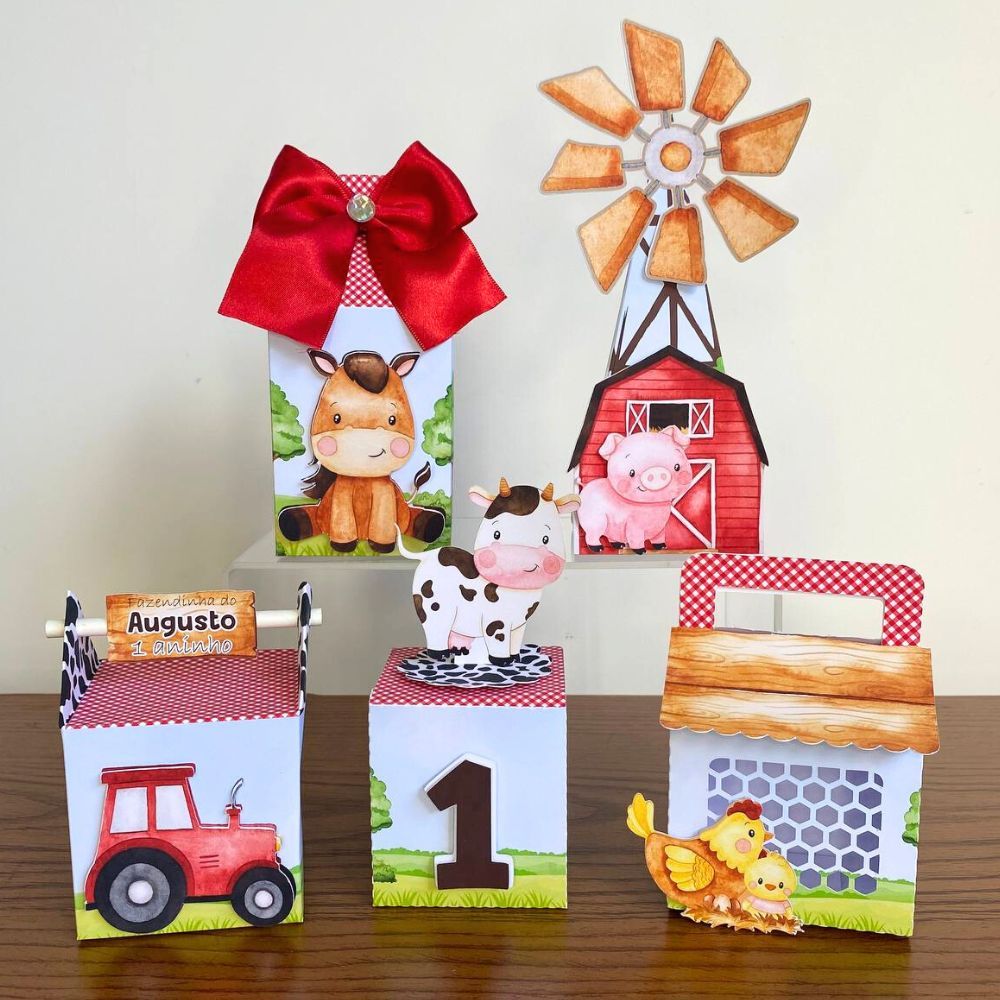 Kit Festa Personalizado Fazendinha Vermelha/Lembrancinhas Caixinhas Para Festa - PEGUE E MONTE