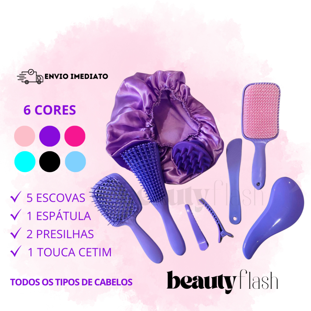 Kit 05 Escova Raquete Flex Escova Mágica e Polvo Massageador de Silicone Touca de Cetim Be...