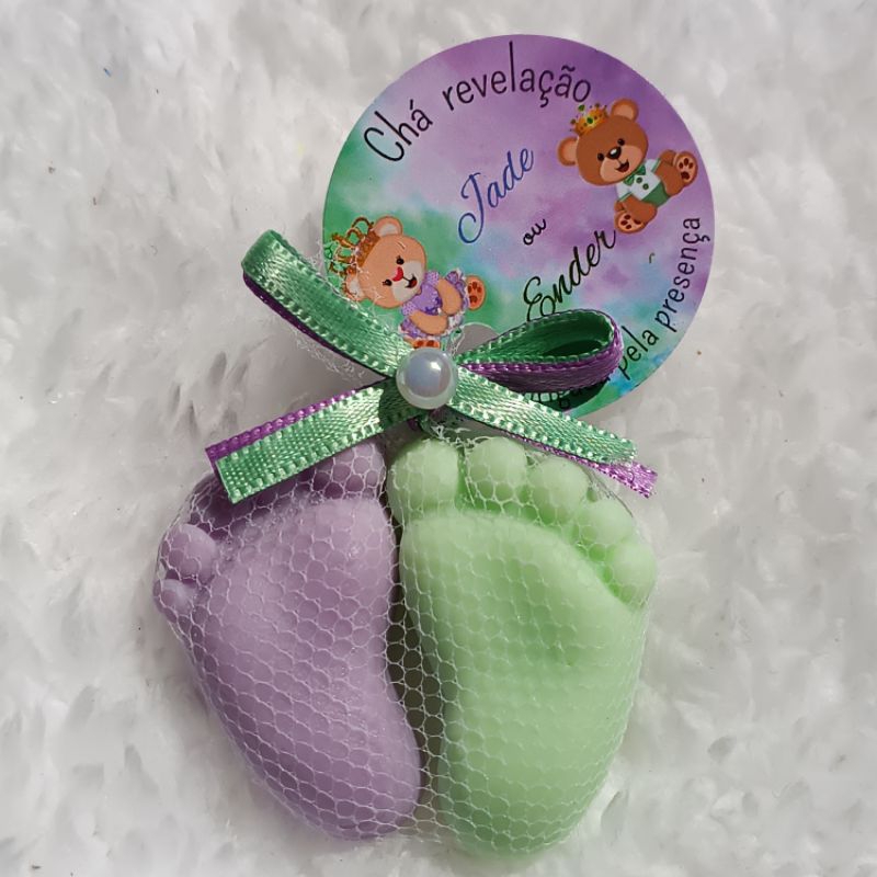 Pezinhos  personalizados verde e lilás - lembrança de chá revelação kit com 10 a 40 pares em Oferta na Shopee