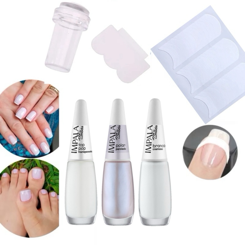 Kit 5 itens Francesinha 3 Esmalte Impala Top Pop , Polar e Branco , Carimbo , Adesivo Tip Guides Manicure