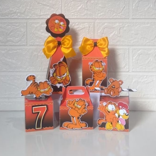 kit clássico de caixinhas personalizada para lembrancinhas de festas de aniversário, tema Garfield, leia a descrição.